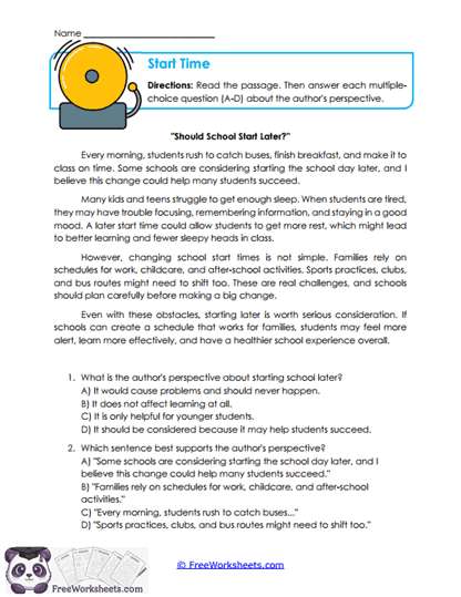School Start Times Worksheet