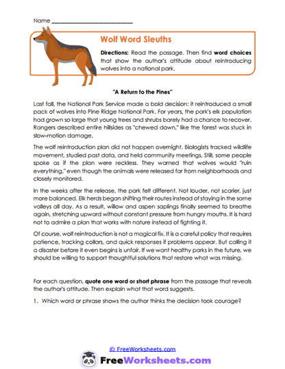Wolf Word Sleuths Worksheet