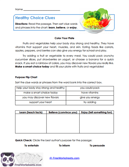 Healthy Choice Clues Worksheet