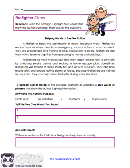 Firefighter Clues Worksheet
