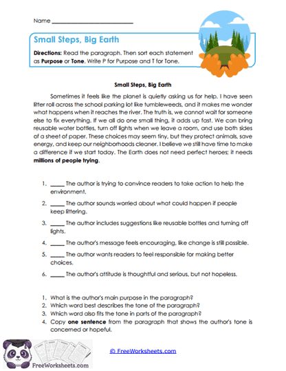 Grade 6 Author's Purpose and Tone Worksheet Series