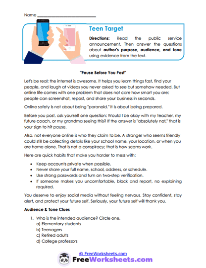 Teen Target Worksheet