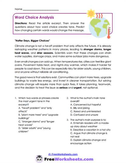 Tone and Purpose Pairing Worksheet