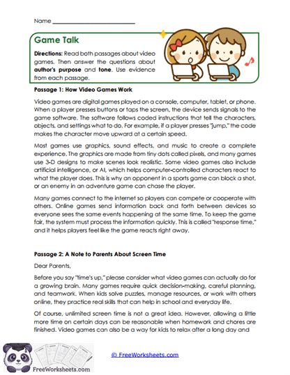 Game Talk Worksheet