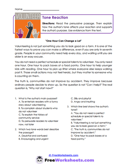 Tone Reaction Worksheet
