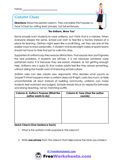 Column Clues Worksheet