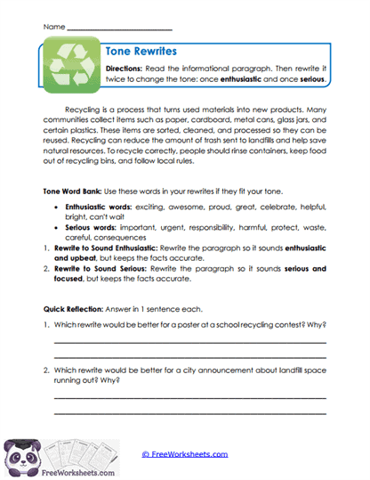 Tone Rewrites Worksheet