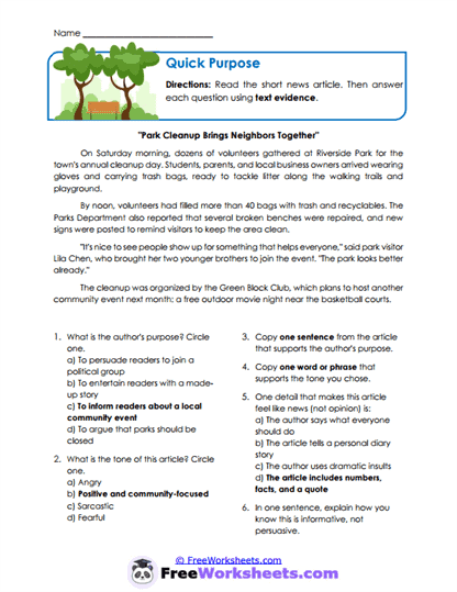 Quick Purpose Worksheet