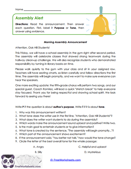 Assembly Alert Worksheet