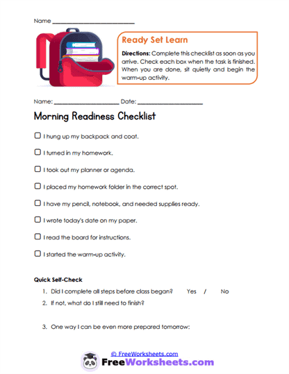 Morning Readiness Worksheet