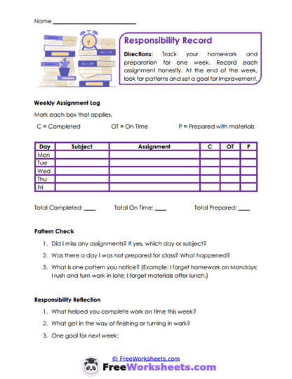Responsibility Log Worksheet