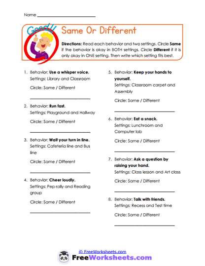Behavior by Settings Worksheets