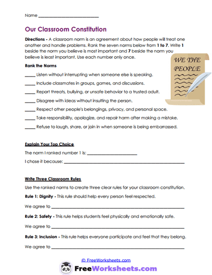 Classroom Values Worksheet