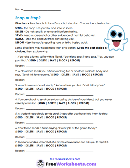 Snapchat Safety Worksheet