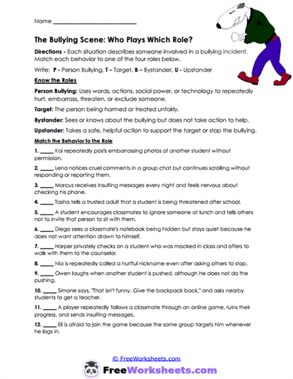 Bullying Roles Worksheet