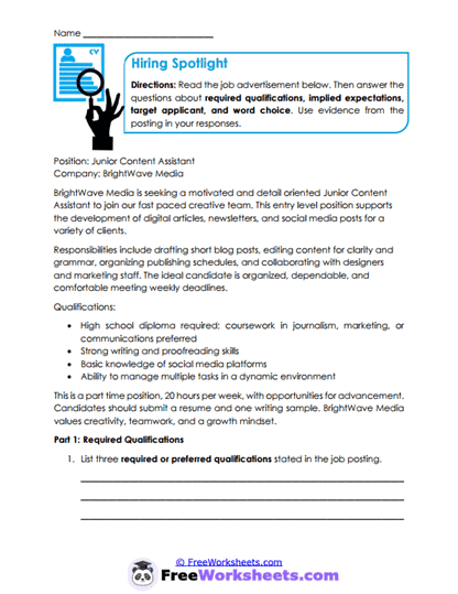 Hiring Spotlight Worksheet