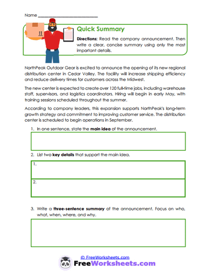 Quick Summary Worksheet