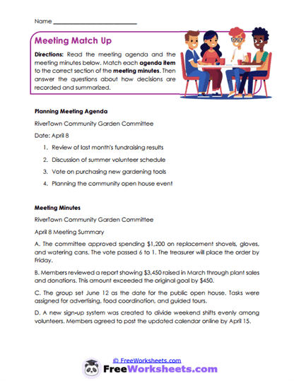 Meeting Match Up Worksheet
