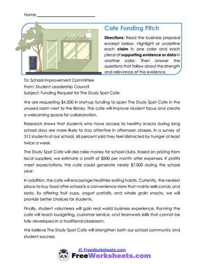 Cafe Funding Pitch Worksheet