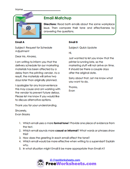 Email Matchup Worksheet