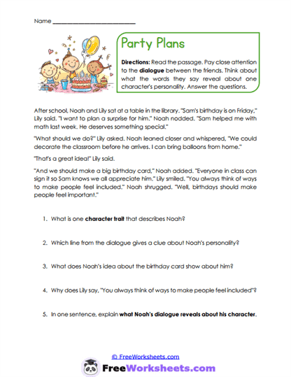 Party Plans Worksheet