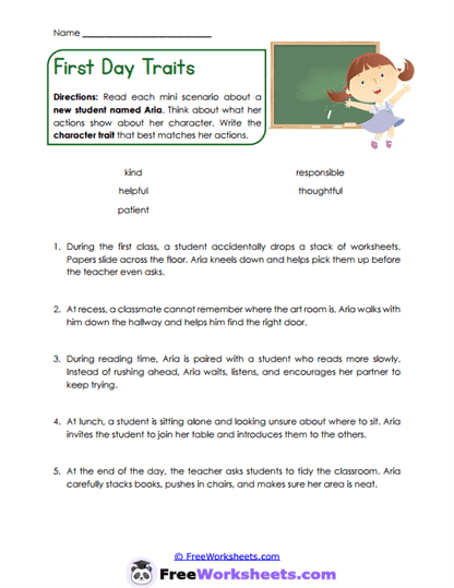 First Day Traits Worksheet