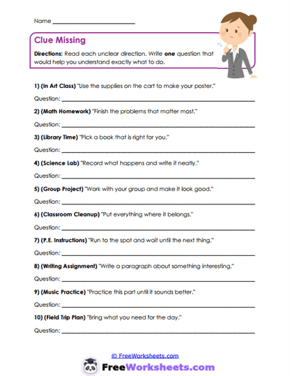 Clue Missing Worksheet