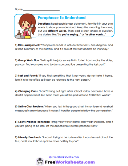 Paraphrase To Understand Worksheet