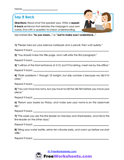 Say It Back Worksheet