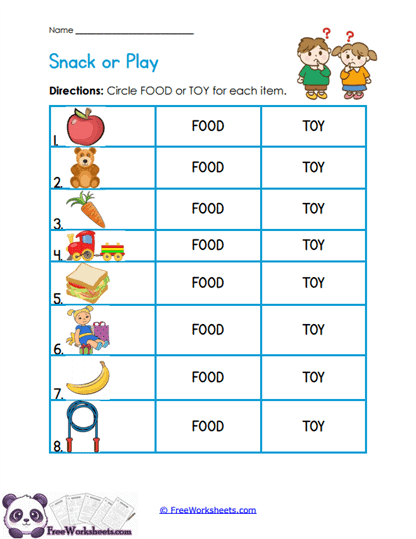 Food Toys Worksheet