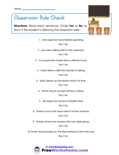 Classroom Rule Check Worksheet