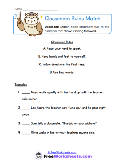 Classroom Rules Match Worksheet