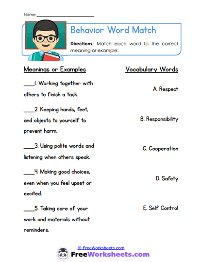 Behavior Word Match Worksheet