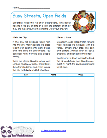 Busy Streets, Open Fields Worksheet