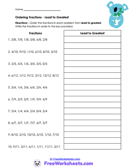 Fraction Order Worksheet