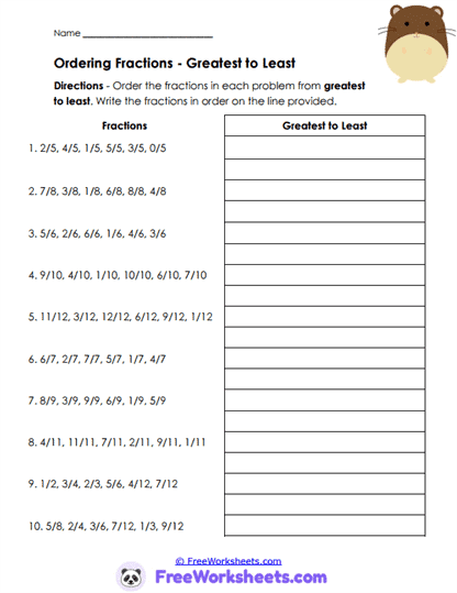 Fraction Ranking Worksheet