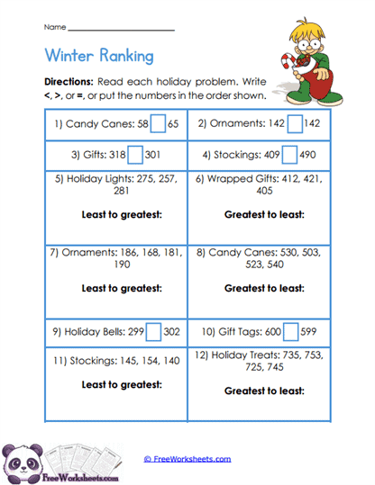 Holiday Number Order Worksheet