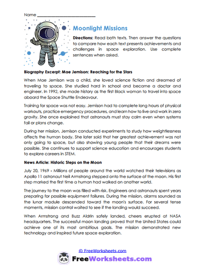 Moonlight Missions Worksheet