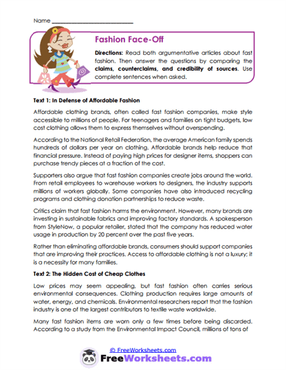 Fashion Face-Off Worksheet