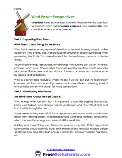 Wind Power Perspectives Worksheet
