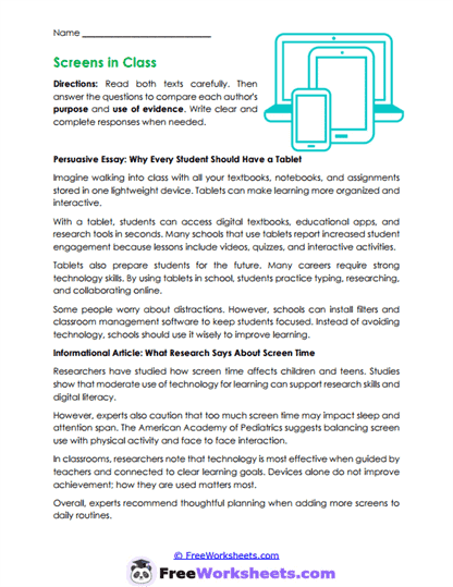 Screens in Class Worksheet