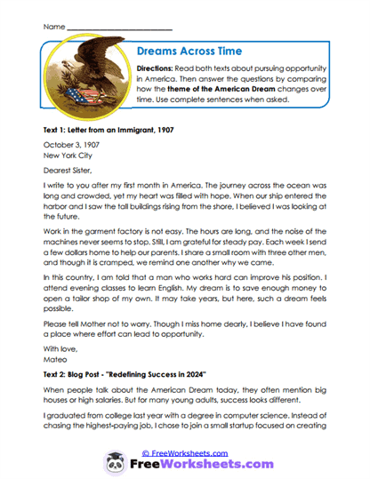 Dreams Across Time Worksheet