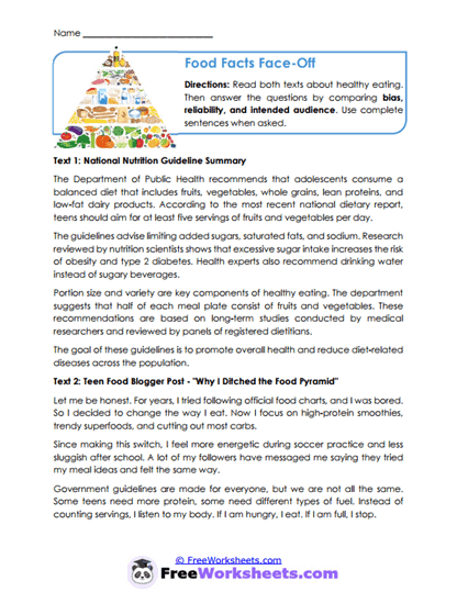 Food Facts Face-Off Worksheet