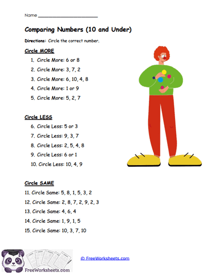 Comparing Numbers (10 and Under) Worksheet