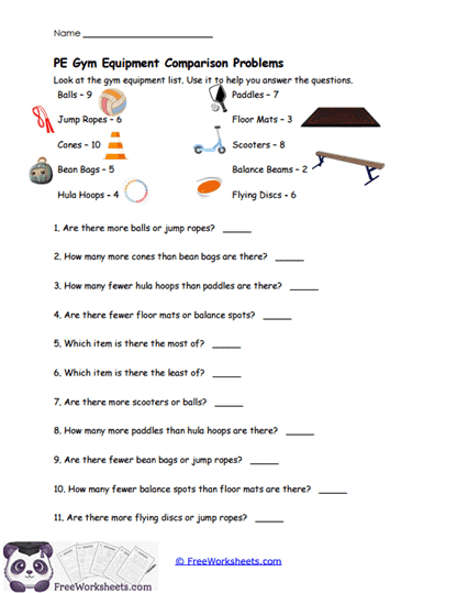 PE Gym Equipment Comparison Problems Worksheet