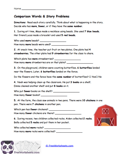 Comparison Story Problems Worksheet