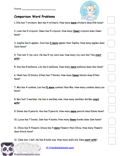 Comparison word problems up to 10 3