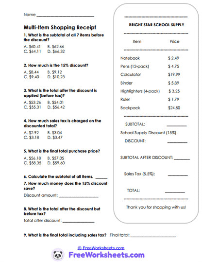 Shopping Totals Worksheet
