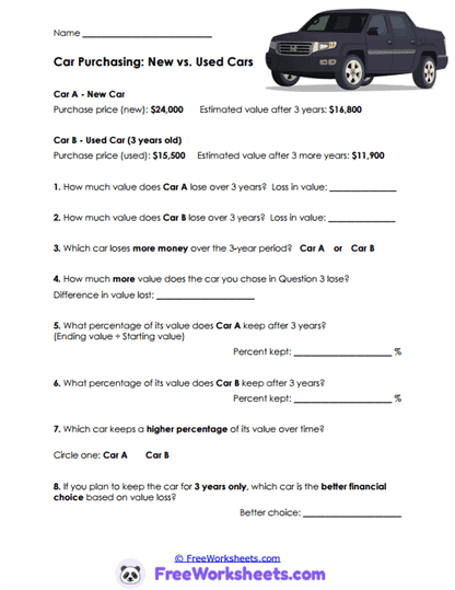 Car Choices Worksheet