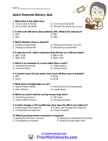 Money Smarts Worksheet